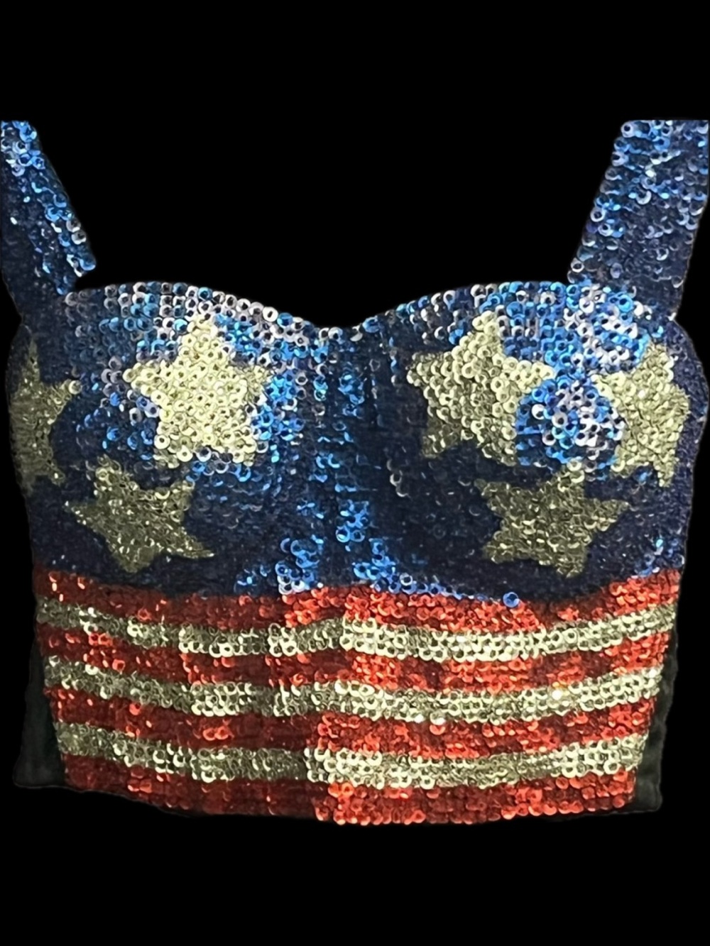USA American Flag Red white blue silver sequin bra bustier halter crop top MAGA